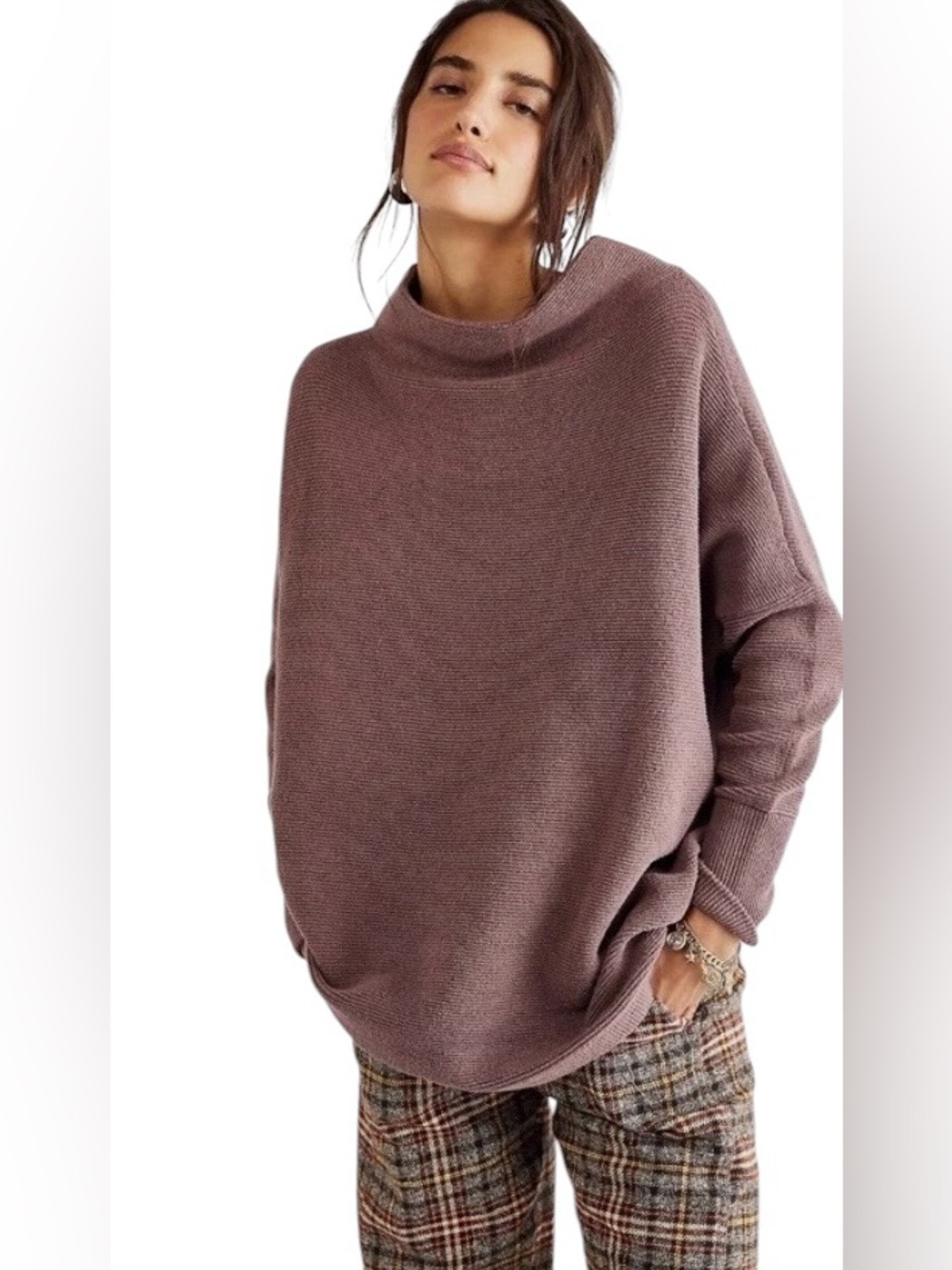 Free People Ottoman Slouchy Tunic Sweater Mock Neck Oversized Mauve Small